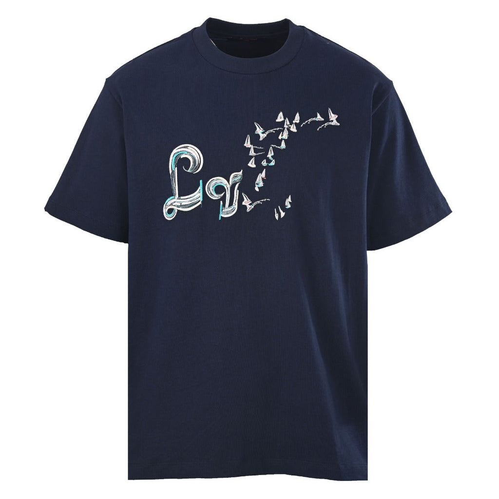 Gradient Color Line Sailboat and Bird Embroidery Short-Sleeve T-Shirt