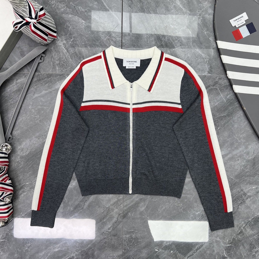 Thom Browne Style Contrast-Stripe Zip-Up Knit Jacket