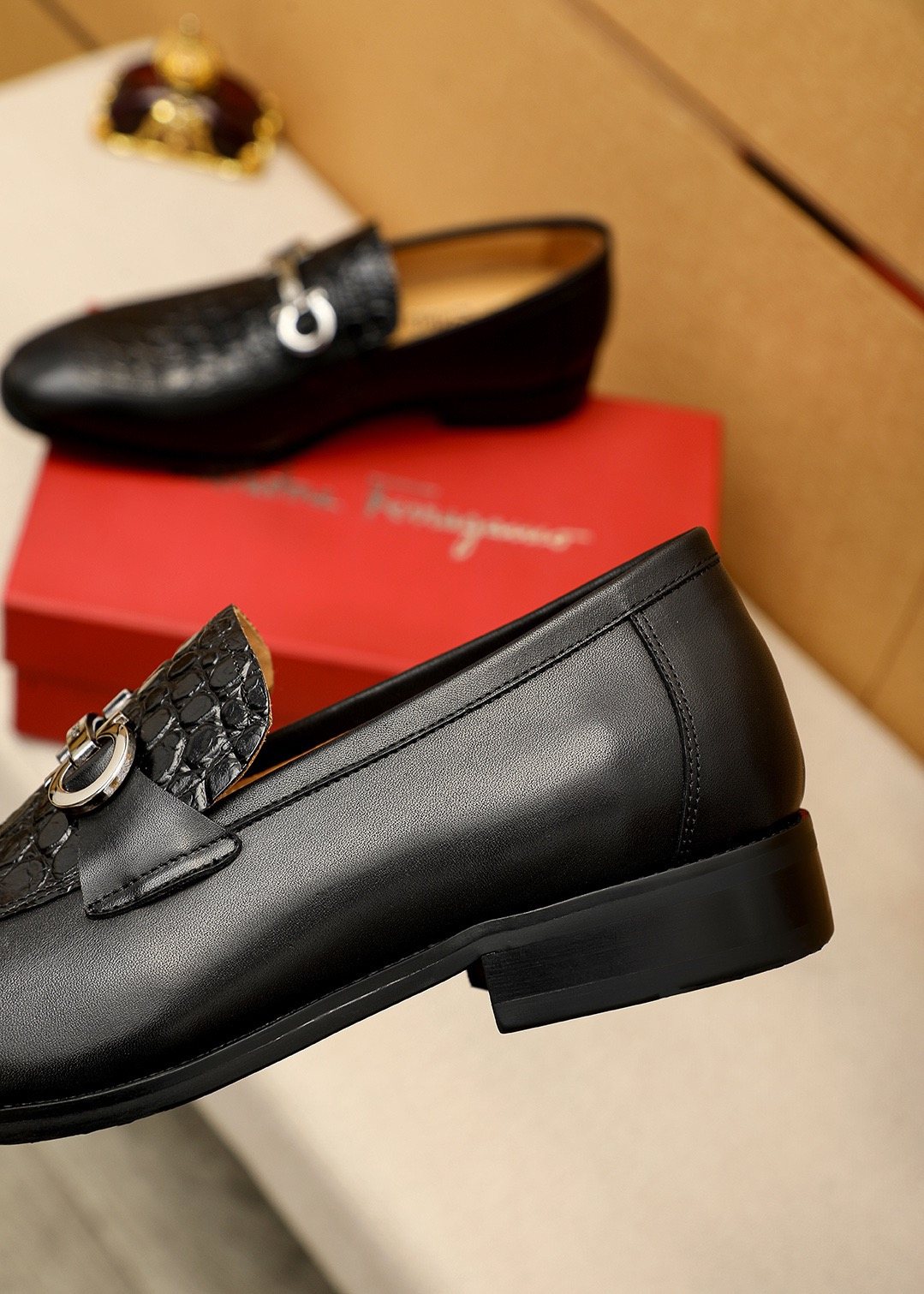 Ferragamo Black Buckle Loafers - Rounded Toe