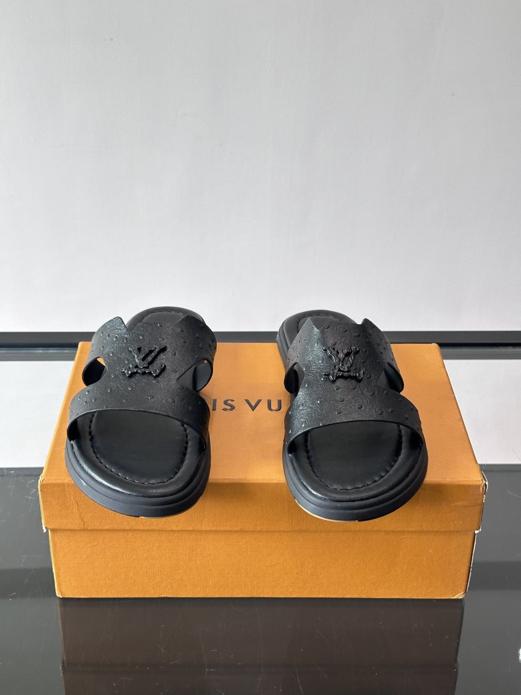 Louis Vuitton Black Embossed Slide Sandals - Rubber Sole