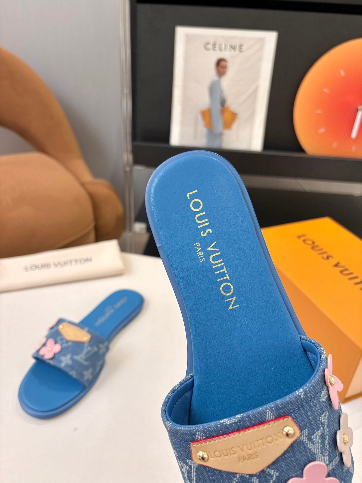 Louis Vuitton Blue Floral Slide Sandals